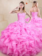 Floor Length Rose Pink Quinceanera Gowns Organza Sleeveless Beading and Ruffles