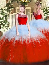 New Style Floor Length White And Red Vestidos de Quinceanera Tulle Sleeveless Ruffles