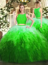 Delicate Green Ball Gowns Organza Scoop Sleeveless Lace and Ruffles Floor Length Zipper Vestidos de Quinceanera