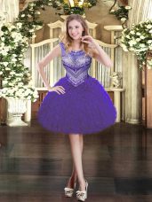 Fabulous Sleeveless Organza Mini Length Zipper Evening Dress in Purple with Beading and Ruffles