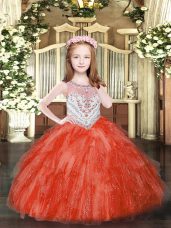 Eye-catching Red Ball Gowns Tulle Scoop Sleeveless Beading and Ruffles Floor Length Zipper Pageant Gowns For Girls