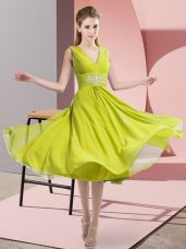 V-neck Sleeveless Dama Dress Knee Length Beading Yellow Green Chiffon