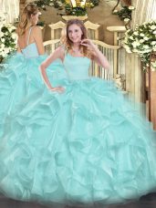 Clearance Ball Gowns Vestidos de Quinceanera Aqua Blue Straps Organza Sleeveless Floor Length Zipper