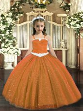 Rust Red Tulle Lace Up Straps Sleeveless Floor Length Little Girls Pageant Gowns Appliques
