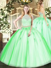 Two Pieces Scoop Sleeveless Tulle Floor Length Zipper Lace and Appliques Quince Ball Gowns