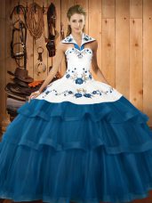 Halter Top Sleeveless 15th Birthday Dress Sweep Train Embroidery and Ruffled Layers Blue Organza