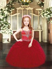 High Quality Sleeveless Organza Floor Length Lace Up Teens Party Dress in Wine Red with Beading and Ruffles