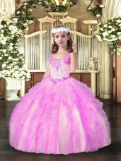 Sleeveless Floor Length Beading and Ruffles Lace Up Little Girl Pageant Gowns with Lilac