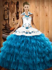 Delicate Teal Ball Gowns Halter Top Sleeveless Organza Floor Length Lace Up Embroidery and Ruffled Layers Quinceanera Dress