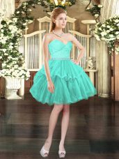 Custom Made Aqua Blue A-line Tulle Sweetheart Sleeveless Beading and Lace Mini Length Lace Up Prom Gown