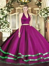 Glorious Floor Length Fuchsia Sweet 16 Dress Tulle Sleeveless Ruffled Layers