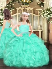 Turquoise Ball Gowns Beading and Lace and Ruffles Juniors Party Dress Zipper Organza Sleeveless Floor Length
