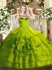 Olive Green Ball Gowns Organza Scoop Sleeveless Beading and Ruffles Floor Length Zipper 15th Birthday Dress