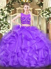 Lavender Sleeveless Floor Length Beading and Ruffles Zipper Quinceanera Dress