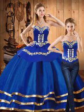 Sweetheart Long Sleeves 15th Birthday Dress Floor Length Embroidery Blue Satin and Tulle