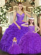 Inexpensive Floor Length Lace Up Sweet 16 Dresses Purple for Military Ball and Sweet 16 and Quinceanera with Beading and Ruffles