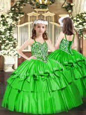 On Sale Floor Length Green Girls Pageant Dresses Straps Sleeveless Lace Up