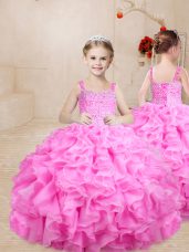 Rose Pink Ball Gowns Straps Sleeveless Organza Floor Length Lace Up Beading and Ruffles Little Girls Pageant Dress Wholesale