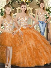 Orange Red Quinceanera Gowns Military Ball and Sweet 16 and Quinceanera with Beading and Ruffles Straps Sleeveless Lace Up