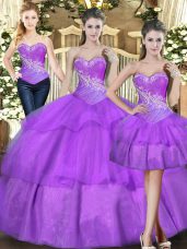 Shining Sleeveless Tulle Floor Length Lace Up Quinceanera Gowns in Eggplant Purple with Beading and Ruffled Layers