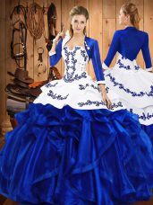 Blue Sleeveless Embroidery and Ruffles Floor Length Quince Ball Gowns