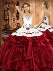 Wine Red Lace Up Sweet 16 Dress Embroidery and Ruffles Sleeveless Floor Length