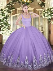 Hot Selling Lavender Sleeveless Floor Length Appliques Zipper Sweet 16 Dresses