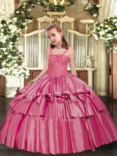 New Arrival Rose Pink Lace Up Pageant Dress for Teens Beading and Ruffled Layers Sleeveless Floor Length