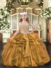 Excellent Brown Ball Gowns Organza V-neck Sleeveless Beading and Ruffles Floor Length Lace Up Little Girl Pageant Dress