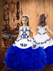 Wonderful Sleeveless Floor Length Embroidery and Ruffles Lace Up Little Girls Pageant Dress Wholesale with Royal Blue