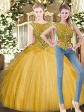 Admirable Gold Vestidos de Quinceanera Military Ball and Sweet 16 and Quinceanera with Beading and Ruffles Scoop Sleeveless Zipper