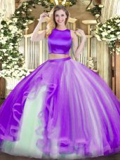 Dazzling High-neck Sleeveless Ball Gown Prom Dress Floor Length Ruffles Purple Tulle