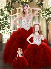 Wine Red Sleeveless Floor Length Beading and Ruffles Lace Up Sweet 16 Dresses