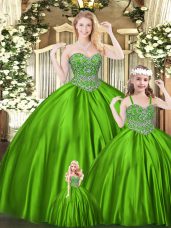Classical Green Ball Gowns Beading Quinceanera Dresses Lace Up Tulle Sleeveless Floor Length