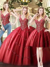 Trendy Floor Length Wine Red Quinceanera Gowns V-neck Sleeveless Lace Up