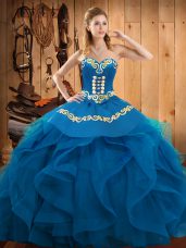 Blue Ball Gowns Embroidery and Ruffles Vestidos de Quinceanera Lace Up Organza Sleeveless Floor Length