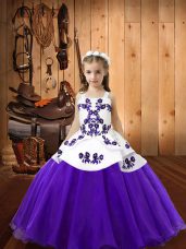 Purple Ball Gowns Embroidery Kids Formal Wear Lace Up Organza Sleeveless Floor Length