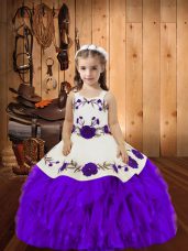 Eggplant Purple Straps Neckline Embroidery and Ruffles Womens Party Dresses Sleeveless Lace Up