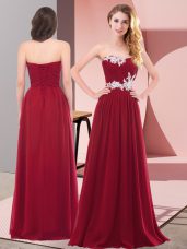 Captivating Wine Red Empire Sweetheart Sleeveless Chiffon Floor Length Lace Up Appliques Homecoming Dress