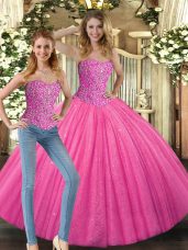 Luxurious Beading Quinceanera Gown Hot Pink Lace Up Sleeveless Floor Length