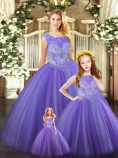 Fashionable Ball Gowns Quince Ball Gowns Lavender Scoop Tulle Sleeveless Floor Length Lace Up
