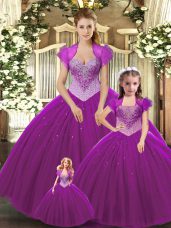 Tulle Straps Sleeveless Lace Up Beading Quince Ball Gowns in Fuchsia