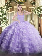 Fantastic Organza Straps Sleeveless Zipper Beading and Ruffled Layers Vestidos de Quinceanera in Lavender