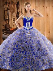Multi-color Lace Up Sweetheart Embroidery Sweet 16 Dress Satin and Fabric With Rolling Flowers Sleeveless Sweep Train