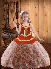 Floor Length Multi-color Little Girls Pageant Gowns Fabric With Rolling Flowers Sleeveless Embroidery and Ruffles