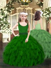 Dark Green Zipper Little Girls Pageant Dress Beading and Ruffles Sleeveless Floor Length
