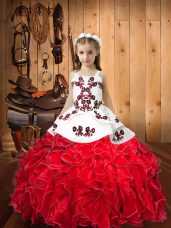Red Ball Gowns Straps Sleeveless Organza Floor Length Lace Up Embroidery and Ruffles Juniors Party Dress