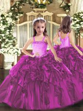 Floor Length Fuchsia Little Girls Pageant Gowns Organza Sleeveless Appliques and Ruffles