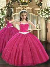 New Style Tulle One Shoulder Sleeveless Zipper Appliques Little Girl Pageant Gowns in Hot Pink