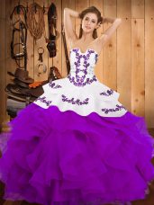 Floor Length Purple Vestidos de Quinceanera Satin and Organza Sleeveless Embroidery and Ruffles